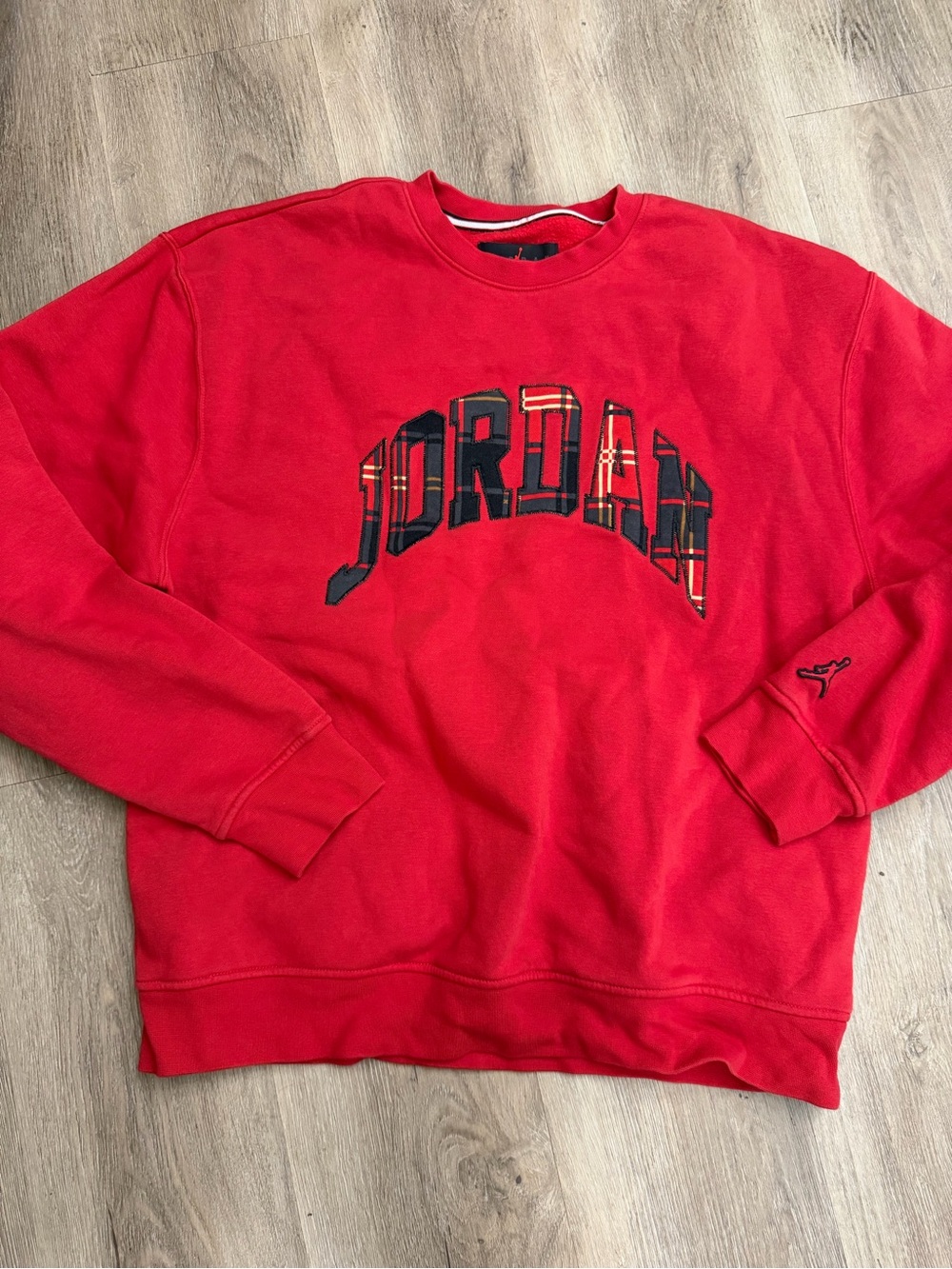 Jordan Red Plaid Logo Crewneck Sweatshirt Size Large